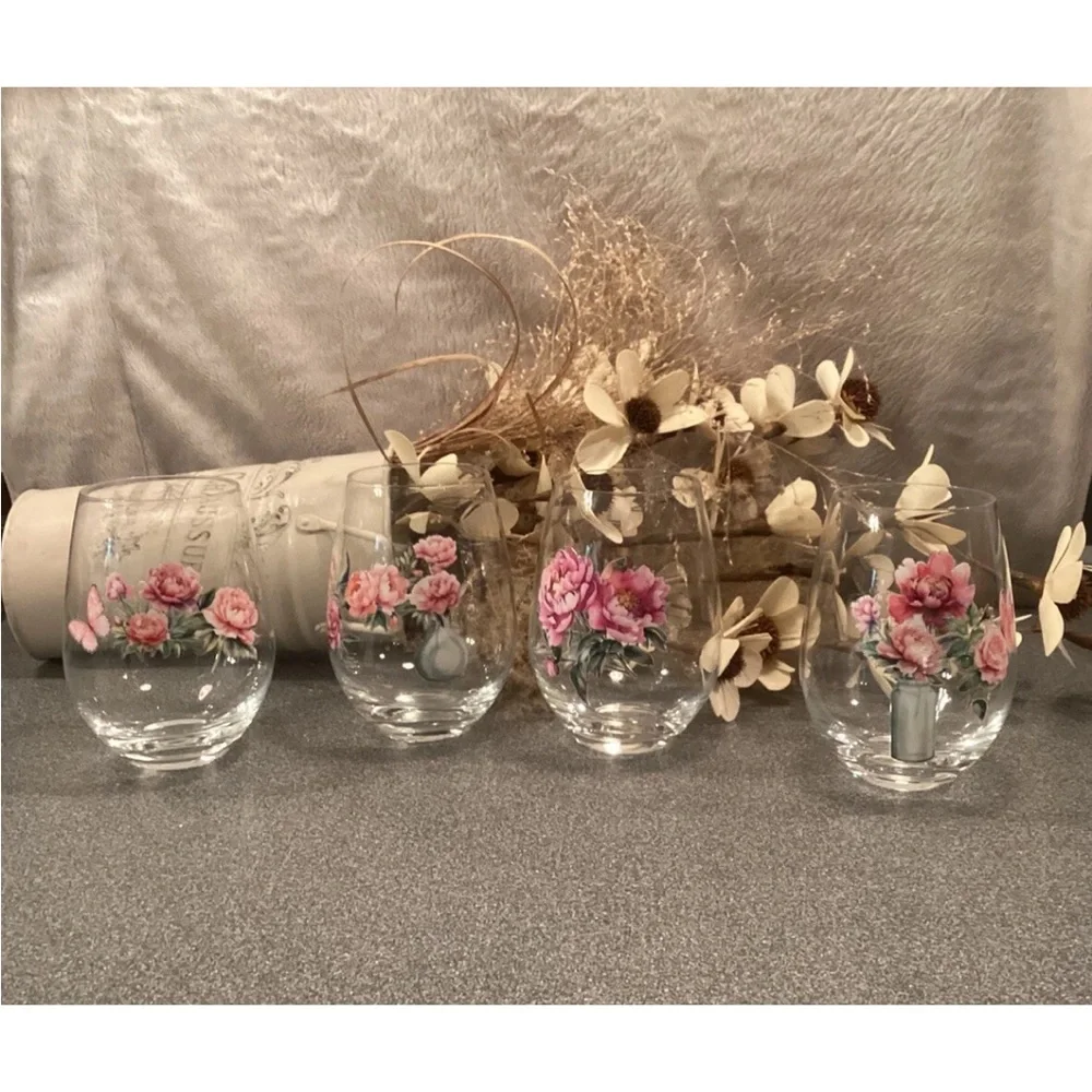 Wine Glasses Stemless Cottagecore Hand Decorated Set Of 4 Floral Peony & Roses